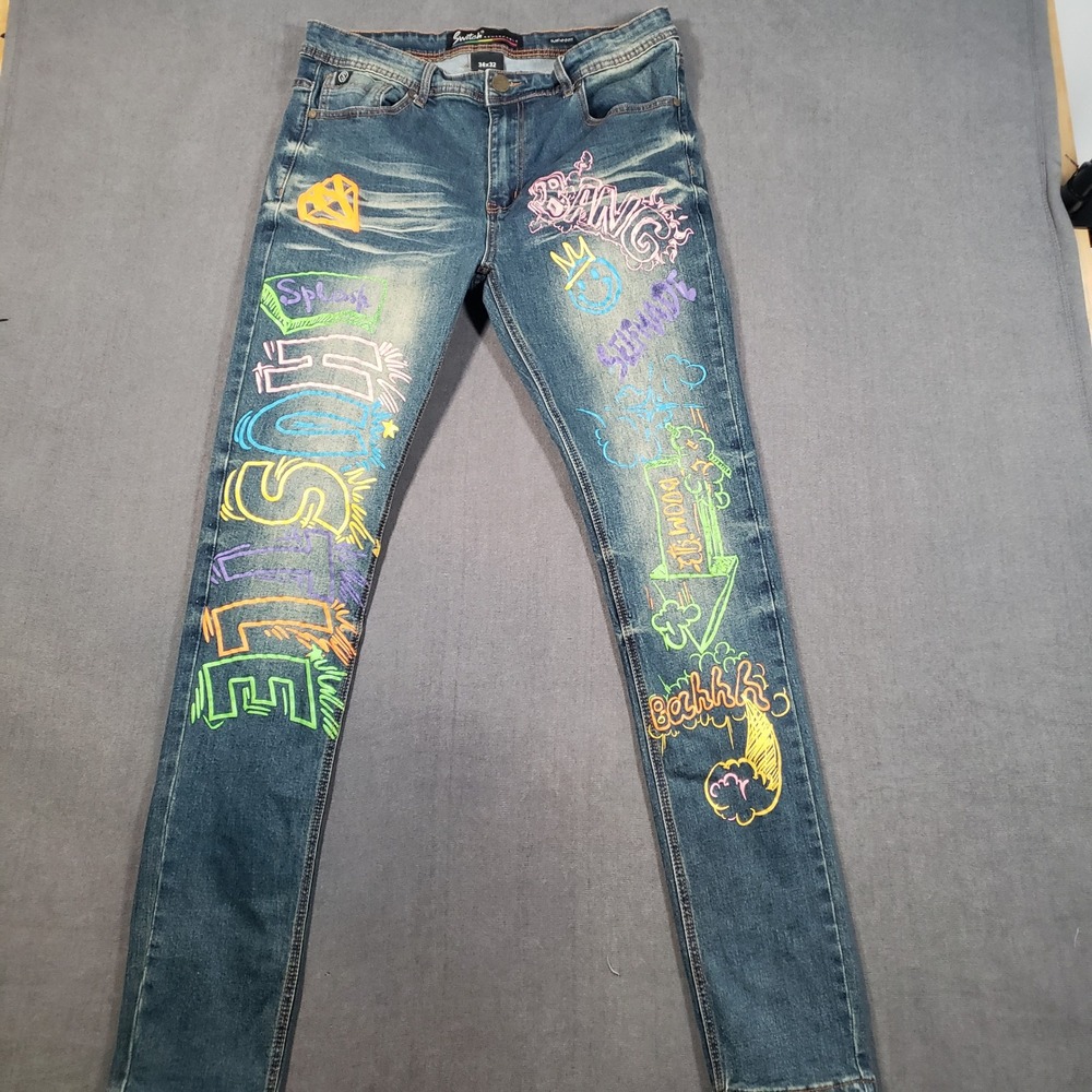 Switch Remarkable Graffiti Graphic Jeans Mens 34x32 Blue Slim Taper Streetwear